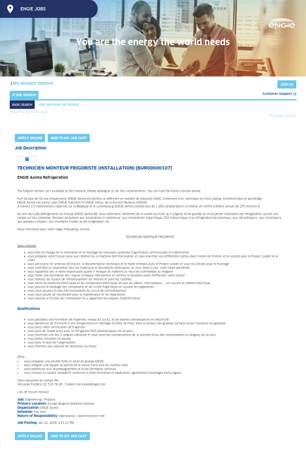 Frigoriste job description